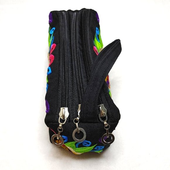 Embroidery Black Wristlet 3-Layer Zipper Geo Floral Fabric Gold Red Pouch Lined - Picture 7 of 10